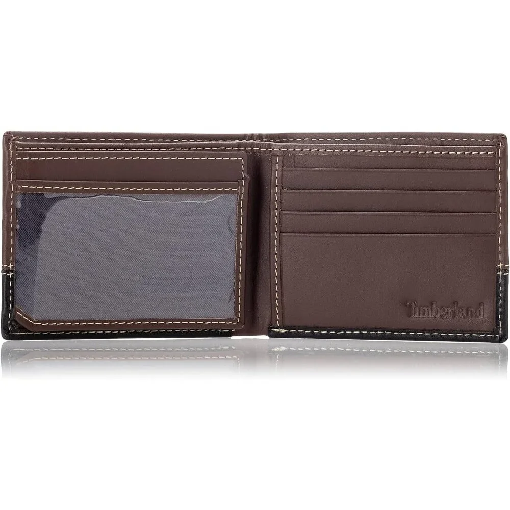 Timberland men's Leather Passcase Trifold Wallet Hybrid, Brown/Black, One Size
